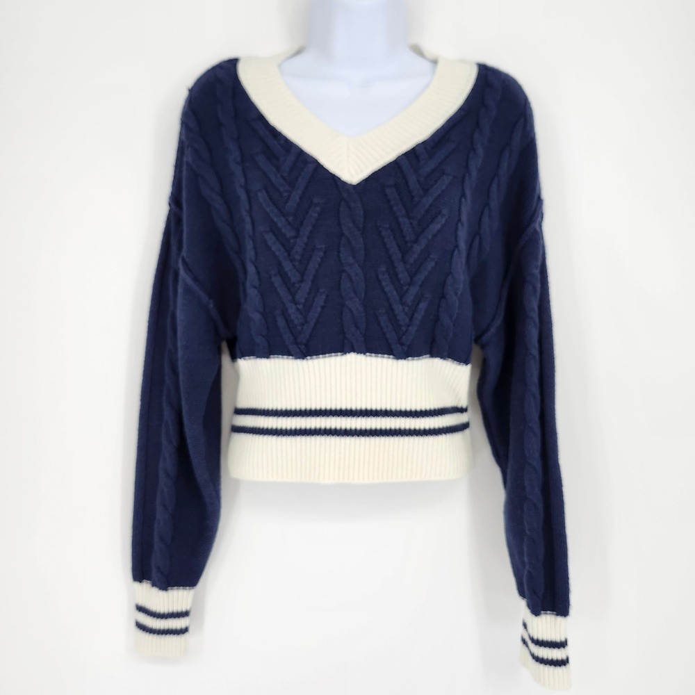 BDG Womens Cropped Cable Knit Sweater XS Blokecore Varsity Academia Ivy League